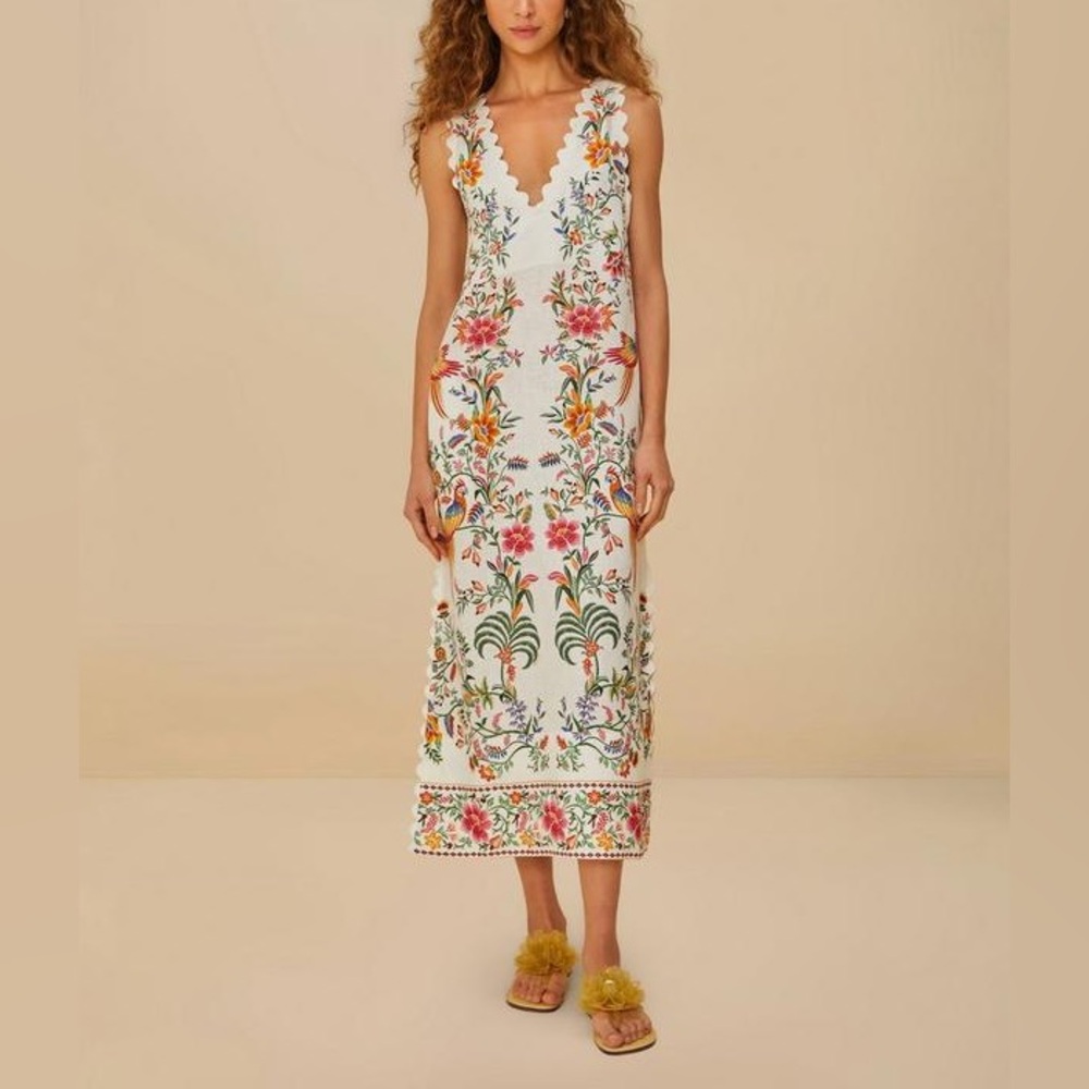 Farm Rio Off-White Delicate Forest Linen Maxi Dress